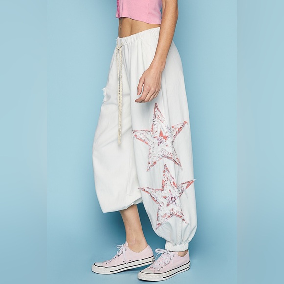 Star pants chambray patchwork cream white joggers - Picture 4 of 5